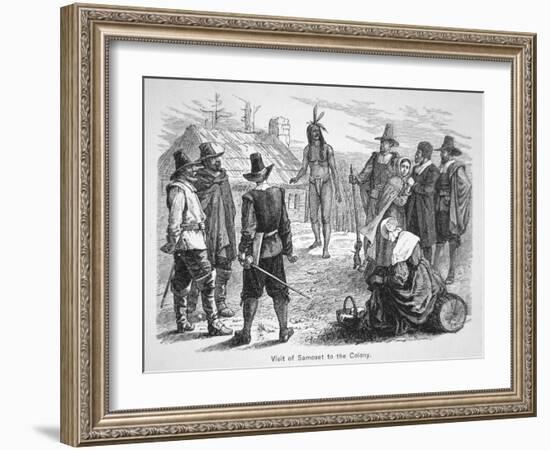 Samoset, Chief of the Pemaquids Visits the Pilgrim Fathers in 1621 (Litho)-American-Framed Giclee Print