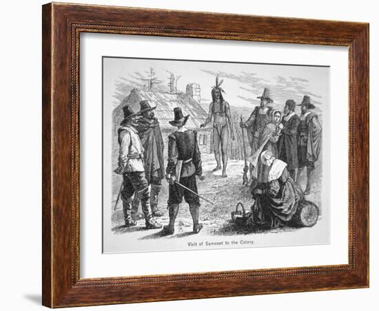 Samoset, Chief of the Pemaquids Visits the Pilgrim Fathers in 1621 (Litho)-American-Framed Giclee Print