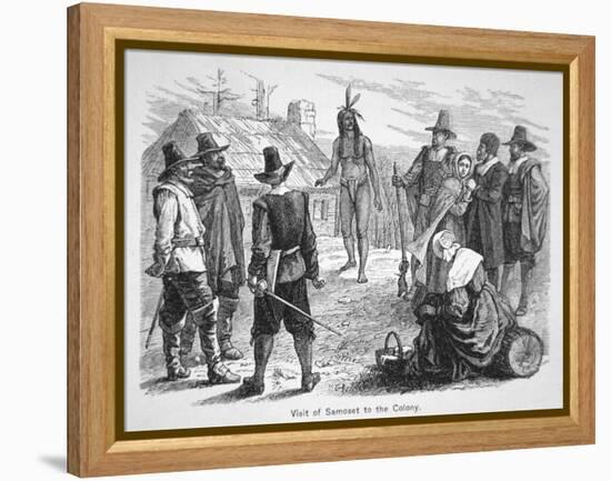 Samoset, Chief of the Pemaquids Visits the Pilgrim Fathers in 1621 (Litho)-American-Framed Premier Image Canvas