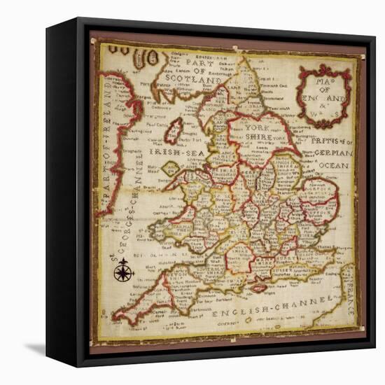 Sampler Depicting a Map of England and Wales, Chain, Double Back and Satin Stitch, by Ann Seaton…-null-Framed Premier Image Canvas