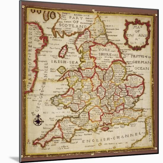 Sampler Depicting a Map of England and Wales, Chain, Double Back and Satin Stitch, by Ann Seaton…-null-Mounted Giclee Print