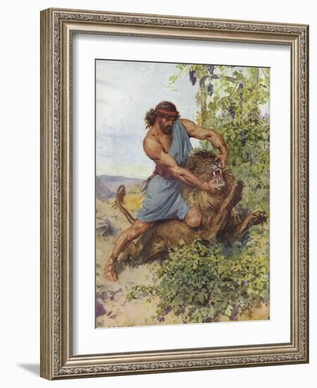 Samson seized the lion and tore it to pieces-Charles Edmund Brock-Framed Giclee Print