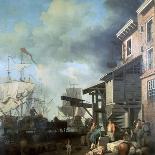British Warship Firing the Cannon to Greet, upon Arrival in Port, Whose Buildings Evoke a Port in T-Samuel Scott-Giclee Print