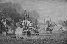 British Warship Firing the Cannon to Greet, upon Arrival in Port, Whose Buildings Evoke a Port in T-Samuel Scott-Giclee Print