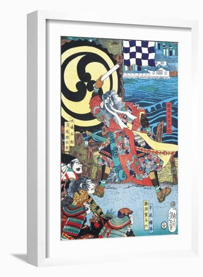 Samurai Fighting in Front of City on Water-null-Framed Giclee Print