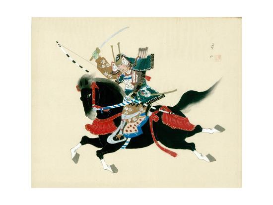 Samurai Warrior Riding A Horse A Japanese Painting On Silk In A