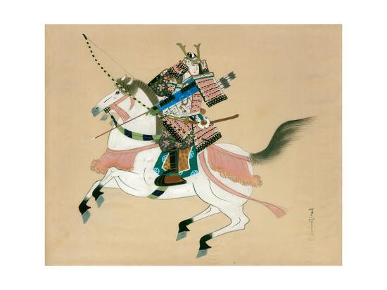 Samurai Warrior Riding A Horse A Japanese Painting On Silk In A