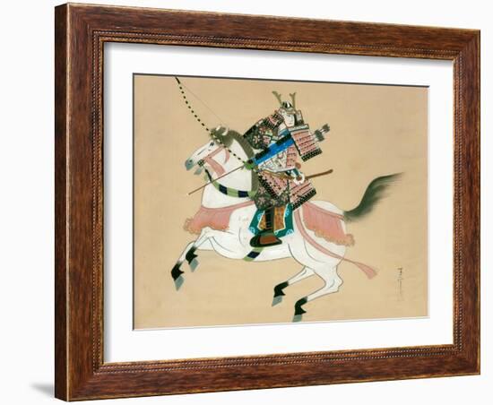 Samurai Warrior Riding a Horse, a Japanese Painting on Silk, in a Traditional Japanese Style-null-Framed Giclee Print