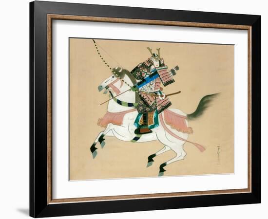 Samurai Warrior Riding a Horse, a Japanese Painting on Silk, in a Traditional Japanese Style-null-Framed Giclee Print