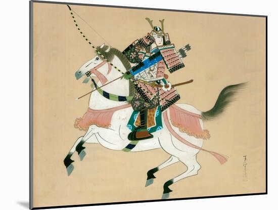 Samurai Warrior Riding a Horse, a Japanese Painting on Silk, in a Traditional Japanese Style-null-Mounted Giclee Print