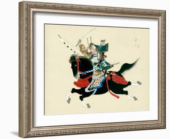 Samurai Warrior Riding a Horse, a Japanese Painting on Silk, in a Traditional Japanese Style-null-Framed Giclee Print