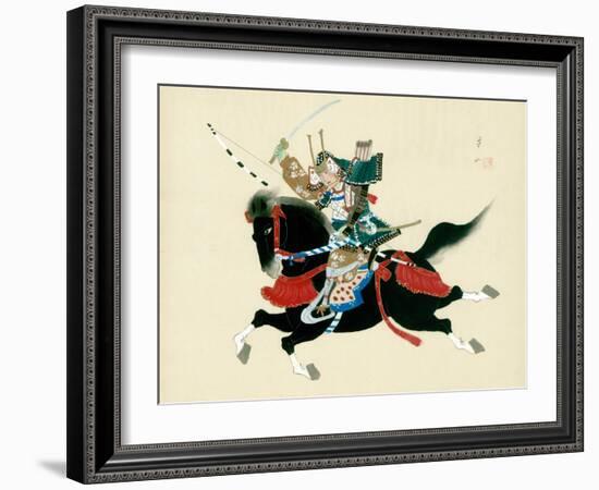 Samurai Warrior Riding a Horse, a Japanese Painting on Silk, in a Traditional Japanese Style-null-Framed Giclee Print