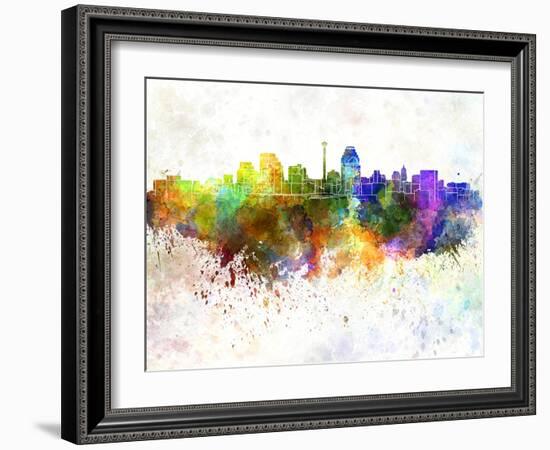 San Antonio Skyline in Watercolor Background-paulrommer-Framed Art Print