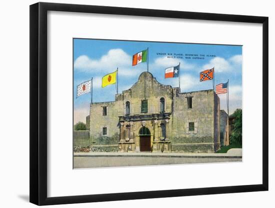 San Antonio, Texas - Exterior View of the Alamo under Six Different Flags, c.1940-Lantern Press-Framed Art Print