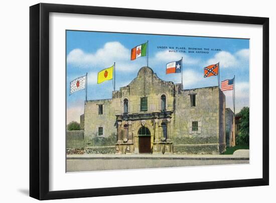 San Antonio, Texas - Exterior View of the Alamo under Six Different Flags, c.1940-Lantern Press-Framed Art Print