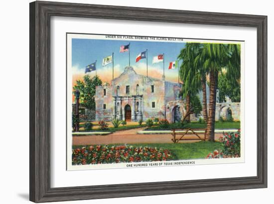 San Antonio, Tx - Exterior View of the Alamo, French, Spanish, Us, Republic, Mexican Flags, c.1944-Lantern Press-Framed Art Print