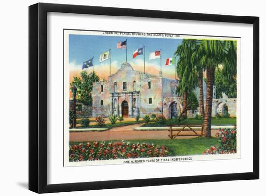 San Antonio, Tx - Exterior View of the Alamo, French, Spanish, Us, Republic, Mexican Flags, c.1944-Lantern Press-Framed Art Print