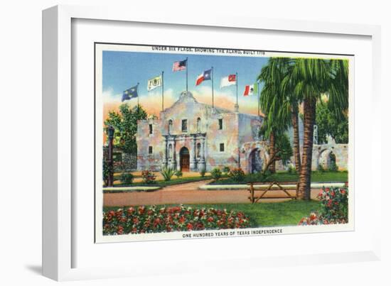 San Antonio, Tx - Exterior View of the Alamo, French, Spanish, Us, Republic, Mexican Flags, c.1944-Lantern Press-Framed Art Print