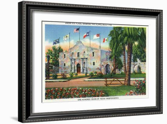 San Antonio, Tx - Exterior View of the Alamo, French, Spanish, Us, Republic, Mexican Flags, c.1944-Lantern Press-Framed Art Print