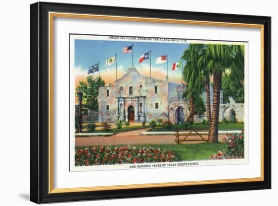 San Antonio, Tx - Exterior View of the Alamo, French, Spanish, Us, Republic, Mexican Flags, c.1944-Lantern Press-Framed Art Print