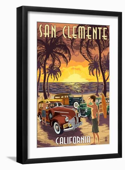 San Clemente, California - Woodies and Sunset-Lantern Press-Framed Art Print