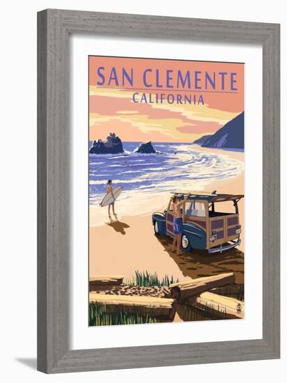 San Clemente, California - Woody on Beach-Lantern Press-Framed Art Print