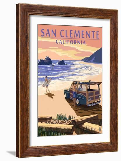 San Clemente, California - Woody on Beach-Lantern Press-Framed Art Print