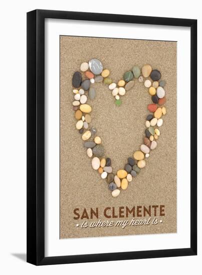 San Clemente Is Where My Heart Is - California - Stone Heart on Sand-Lantern Press-Framed Art Print