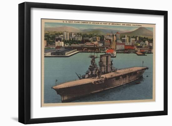 San Diego, CA - View U.S. Navy Aircraft Carrier-Lantern Press-Framed Art Print