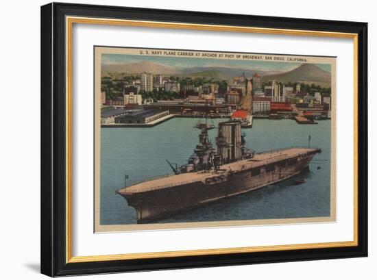 San Diego, CA - View U.S. Navy Aircraft Carrier-Lantern Press-Framed Art Print