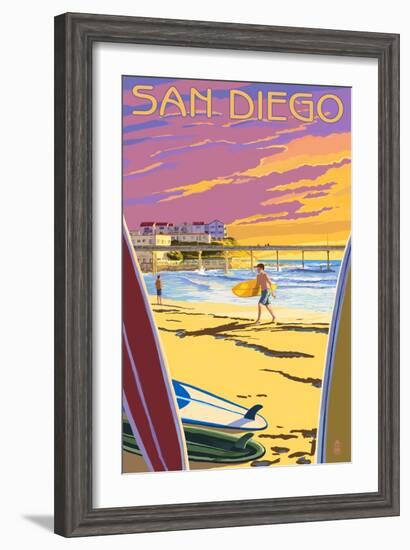 San Diego, California - Beach and Pier-Lantern Press-Framed Art Print