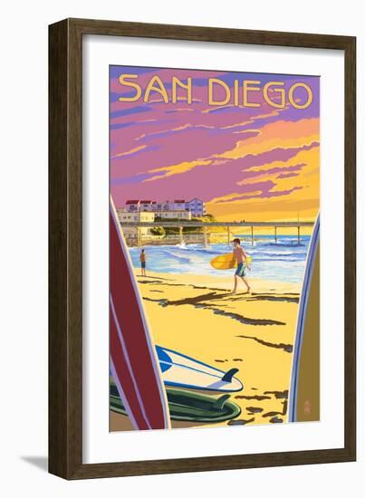 San Diego, California - Beach and Pier-Lantern Press-Framed Art Print