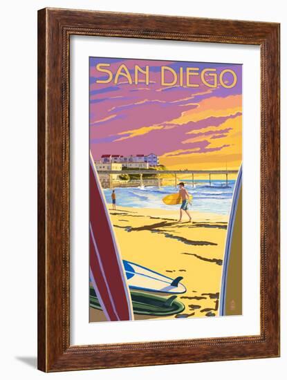 San Diego, California - Beach and Pier-Lantern Press-Framed Art Print