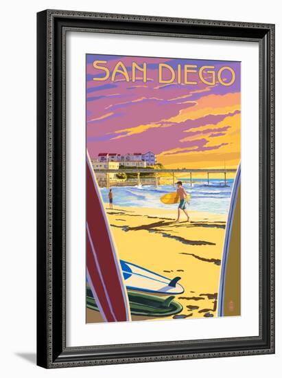 San Diego, California - Beach and Pier-Lantern Press-Framed Art Print