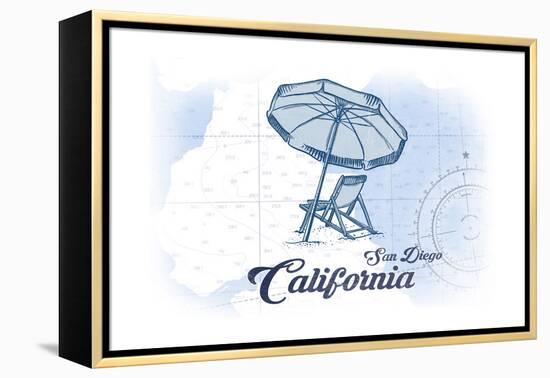 San Diego, California - Beach Chair and Umbrella - Blue - Coastal Icon-Lantern Press-Framed Stretched Canvas