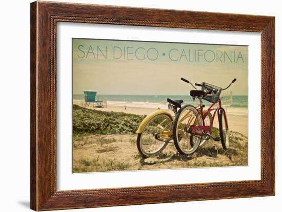 San Diego, California - Bicycles and Beach Scene-Lantern Press-Framed Premium Giclee Print