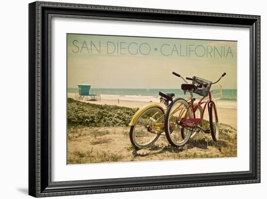 San Diego, California - Bicycles and Beach Scene-Lantern Press-Framed Premium Giclee Print