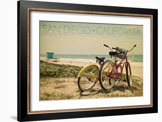 San Diego, California - Bicycles and Beach Scene-Lantern Press-Framed Art Print