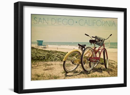San Diego, California - Bicycles and Beach Scene-Lantern Press-Framed Art Print