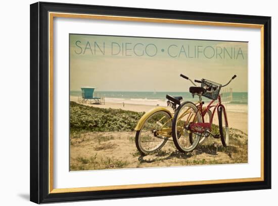 San Diego, California - Bicycles and Beach Scene-Lantern Press-Framed Art Print