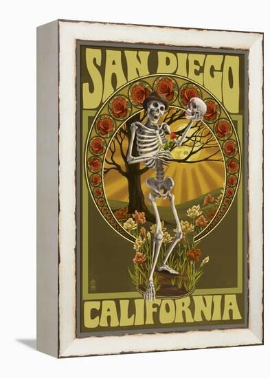 San Diego, California - Day of the Dead - Skeleton Holding Sugar Skull-Lantern Press-Framed Stretched Canvas