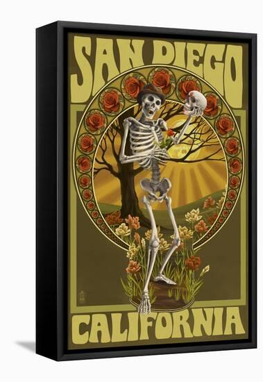 San Diego, California - Day of the Dead - Skeleton Holding Sugar Skull-Lantern Press-Framed Stretched Canvas