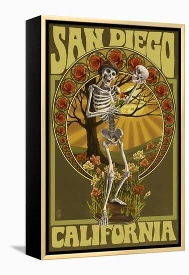 San Diego, California - Day of the Dead - Skeleton Holding Sugar Skull-Lantern Press-Framed Stretched Canvas