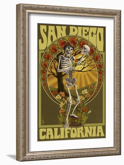 San Diego, California - Day of the Dead - Skeleton Holding Sugar Skull-Lantern Press-Framed Art Print