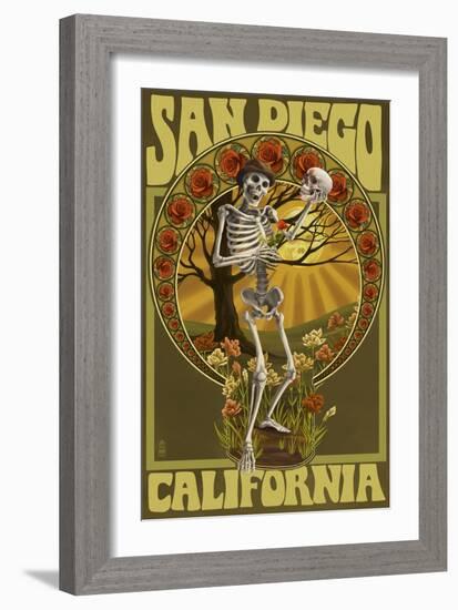 San Diego, California - Day of the Dead - Skeleton Holding Sugar Skull-Lantern Press-Framed Art Print