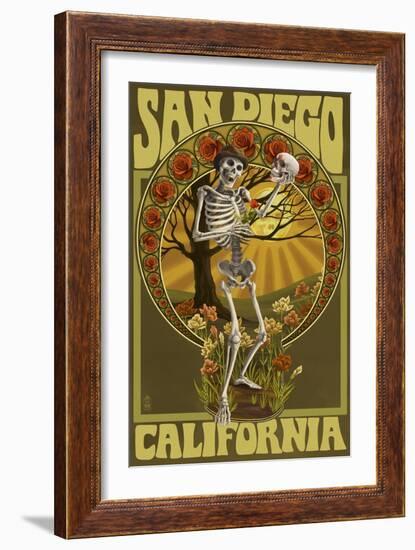 San Diego, California - Day of the Dead - Skeleton Holding Sugar Skull-Lantern Press-Framed Art Print