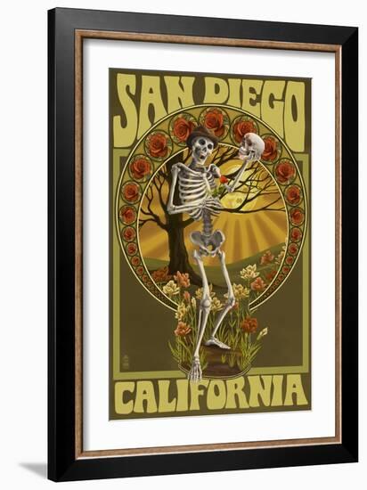 San Diego, California - Day of the Dead - Skeleton Holding Sugar Skull-Lantern Press-Framed Art Print