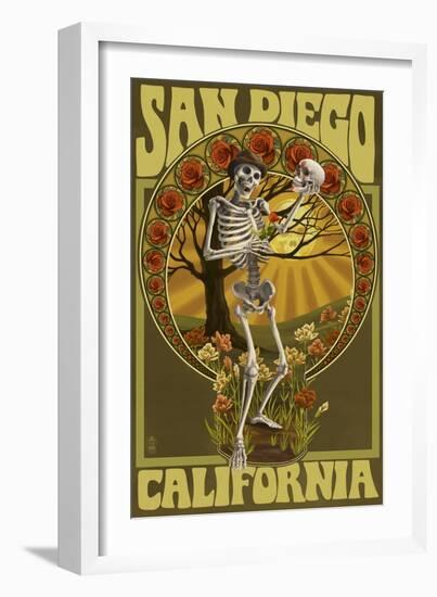 San Diego, California - Day of the Dead - Skeleton Holding Sugar Skull-Lantern Press-Framed Art Print