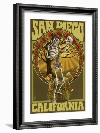 San Diego, California - Day of the Dead - Skeleton Holding Sugar Skull-Lantern Press-Framed Art Print