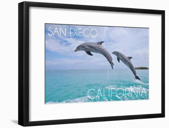 San Diego, California - Jumping Dolphins-Lantern Press-Framed Art Print